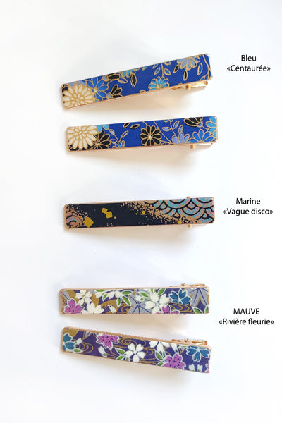 Pinces à cheveux moyennes aux motifs fleuris japonais bleu, marine et violet