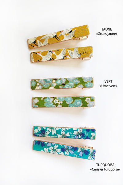 Pinces à cheveux moyennes aux motifs fleuris japonais jaune, vert et turquoise