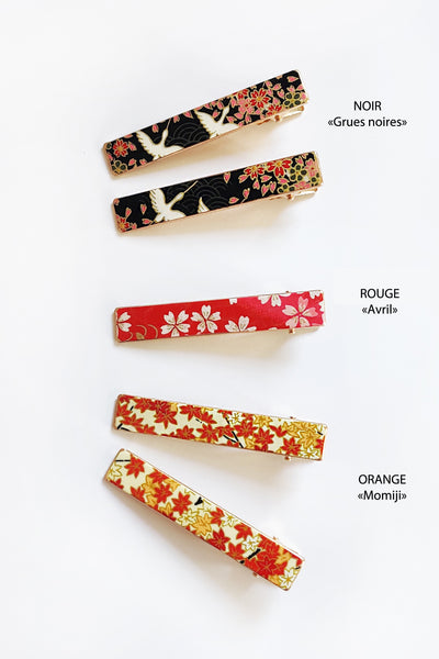 Pinces à cheveux moyennes aux motifs fleuris japonais noir, rouge et orange