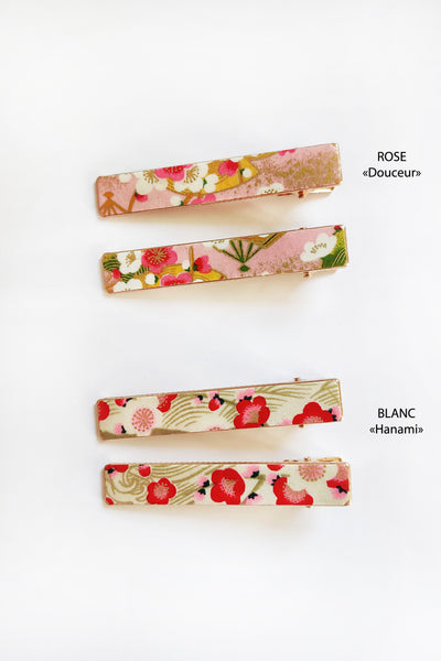 Pinces à cheveux moyennes aux motifs fleuris japonais rose et blanc