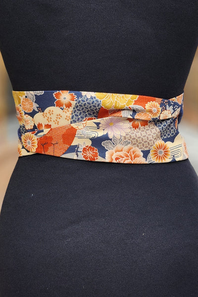 Ceinture OBI Fleurs et grues bleu marine - Fleurs d'Ascenseurs