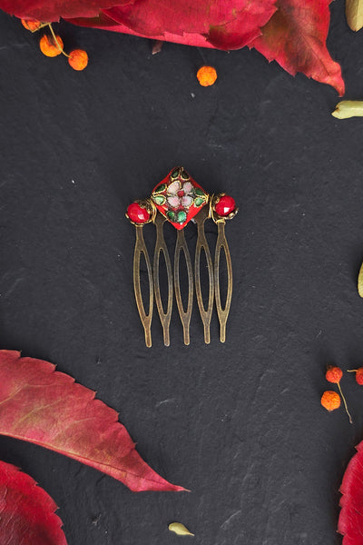 Petit peigne à cheveux en émail cloisonné rouge