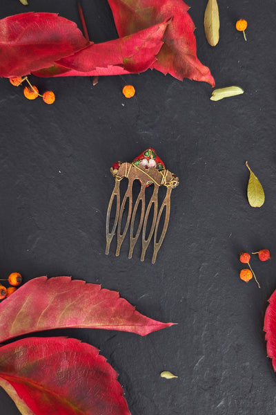 Petit peigne à cheveux fleur en émail cloisonné rouge, dos