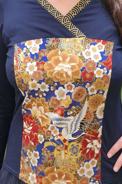 T-shirt femme manches longues japonais bleu marine motif de grue et fleurs