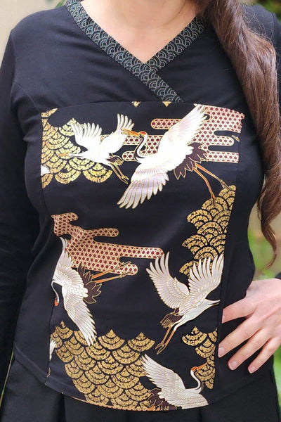 T-shirt femme manches longues japonais noir et or imprimé grues