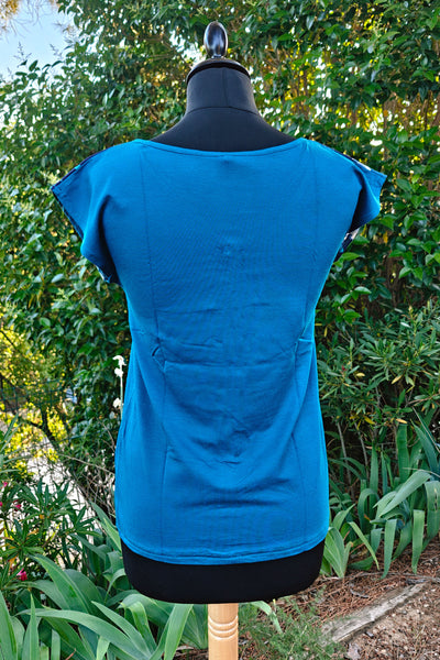 T-shirt femme manches courtes tissus japonais bleu pétrole, dos uni