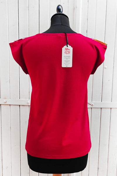 T-shirt femme en tissu japonais motif de geishas rouge, dos uni