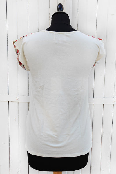 T-shirt femme en tissu japonais fleuri blanc écru , dos uni
