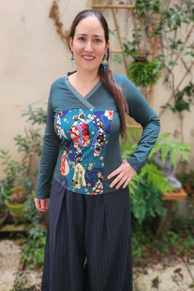 T-shirt femme vert foncé manches longues tissu japonais motif geisha