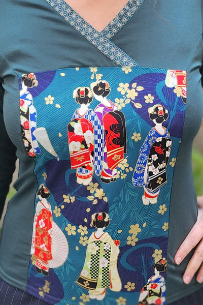 T-shirt femme vert foncé manches longues tissu japonais motif geisha