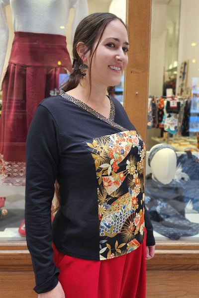 T-shirt kimono femme manches longues en tissu japonais noir à motifs d'éventails