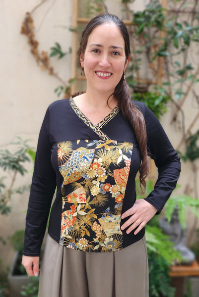 T-shirt kimono femme manches longues en tissu japonais noir à motifs d'éventails