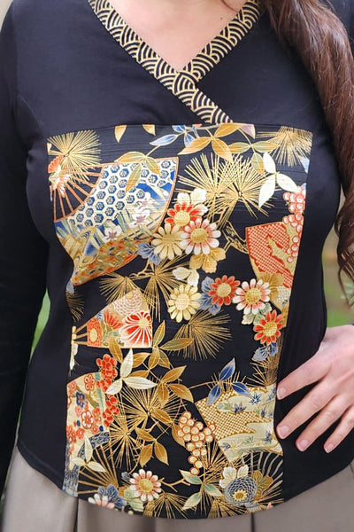 T-shirt kimono femme manches longues en tissu japonais noir à motifs d'éventails, zoom motif