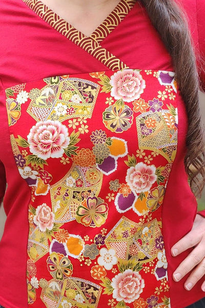 T-shirt femme rouge manches longues en tissu japonais fleuri