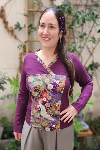 T-shirt femme manches longues violet en tissu japonais à motif de grue