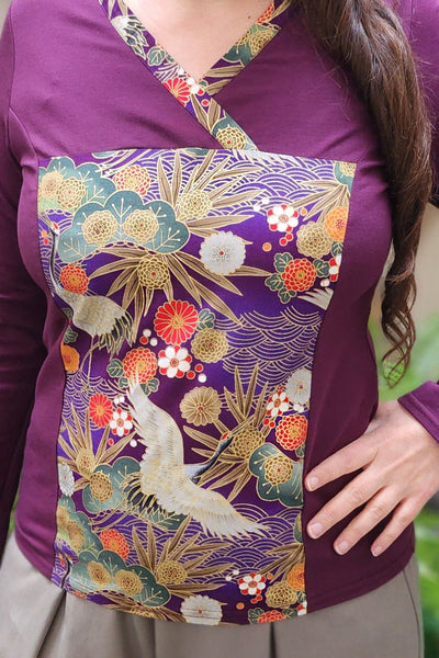 T-shirt femme manches longues violet en tissu japonais à motif de grue