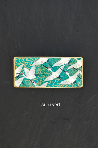 Barrette à cheveux verte en métal doré et motifs de grues japonaises