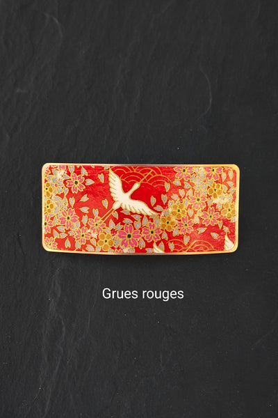 Barette japonaise en papier washi motif Grues rouge