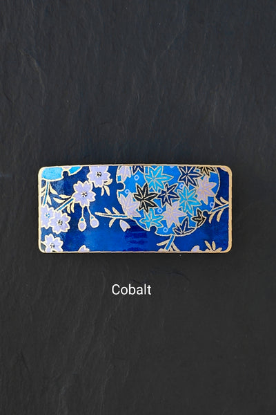 Barrette à cheveux bleue en métal doré et motifs japonais érables et sakura