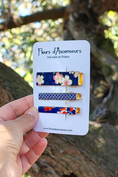 TRIO de petites pinces WASHI Sakura bleu