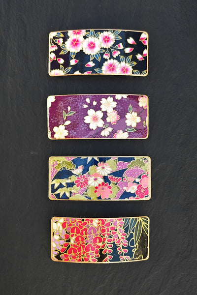 Barrettes à cheveux violettes en métal doré et motifs japonais