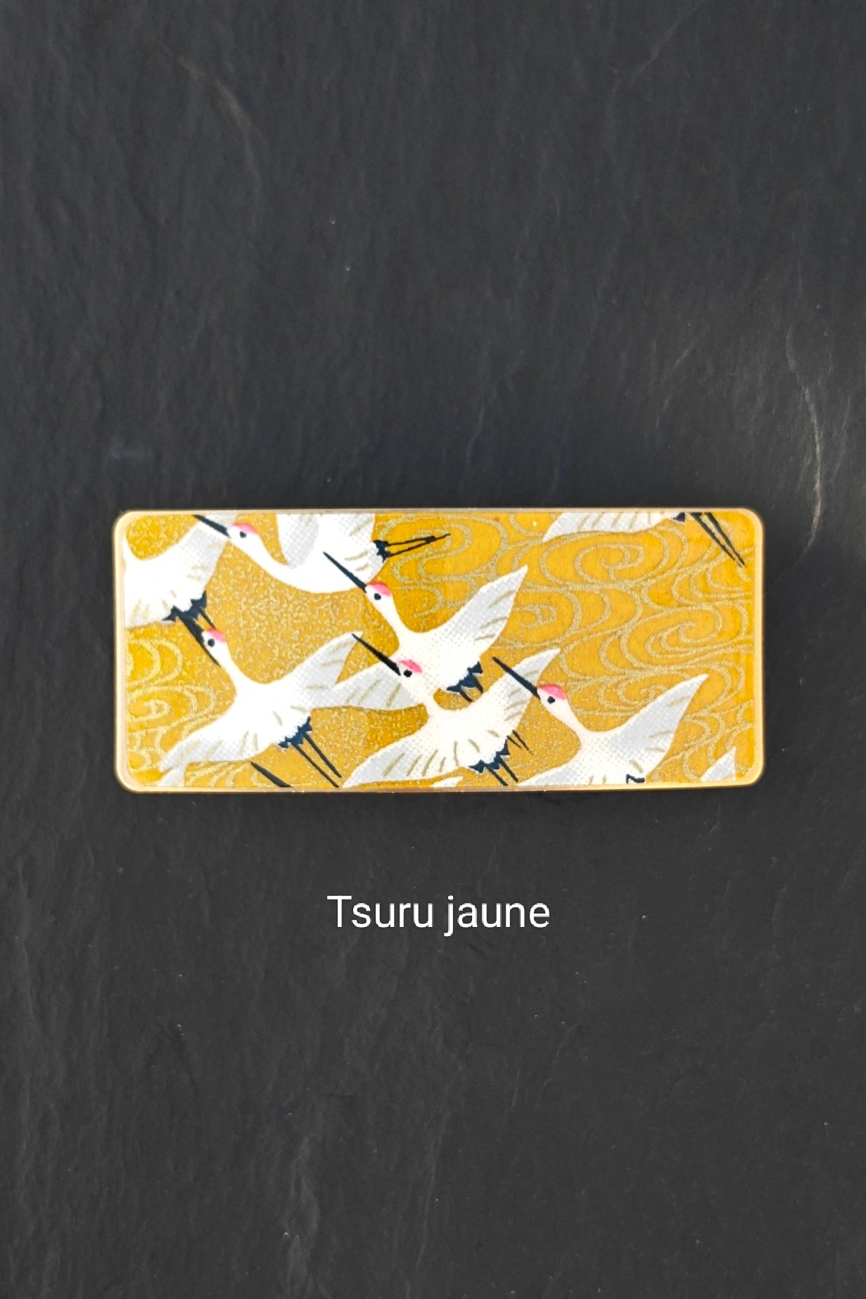 Grande barrette à cheveux jaune en métal doré à motifs de grues japonaises