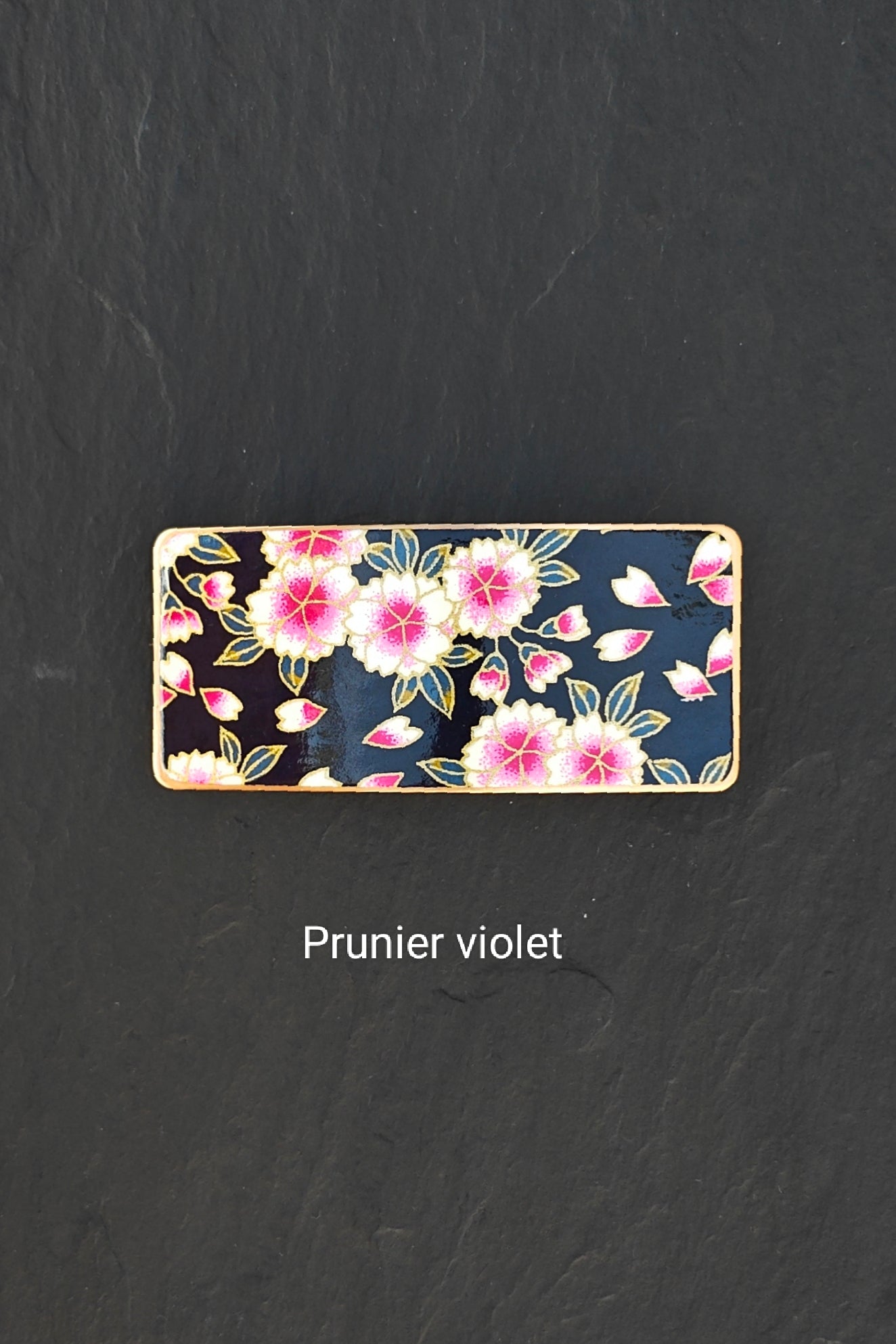 Barrette à cheveux violette en métal doré et motifs japonais de fleurs de prunier