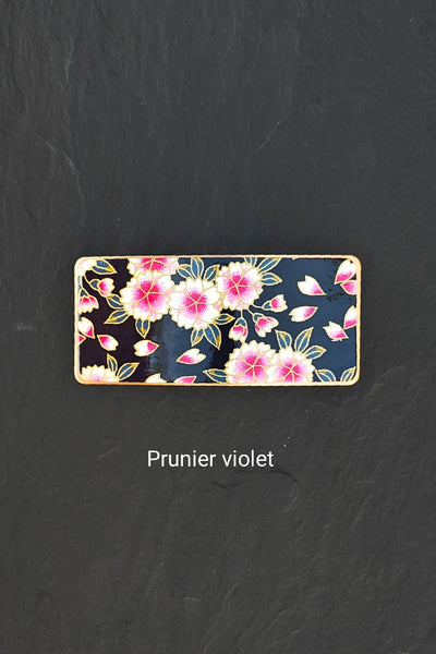 Barrette à cheveux violette en métal doré et motifs japonais de fleurs de prunier