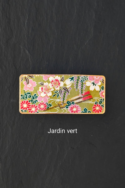 Grandes barrettes à cheveux vertes en métal doré à motifs japonais d'éventail et de fleurs
