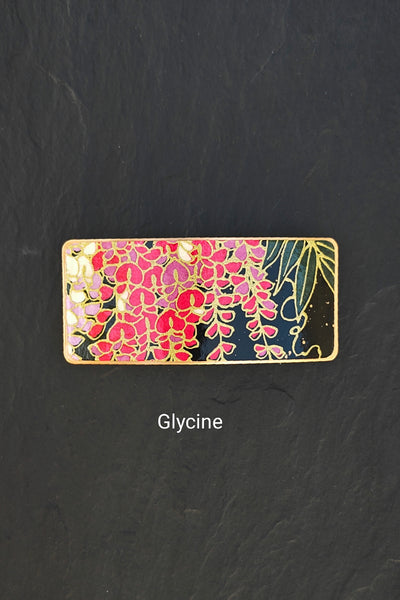 Barrette à cheveux violette en métal doré et motifs japonais de fleurs de glycine