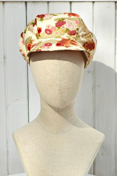 Casquette KAME Poissons rouges et fleurs écru