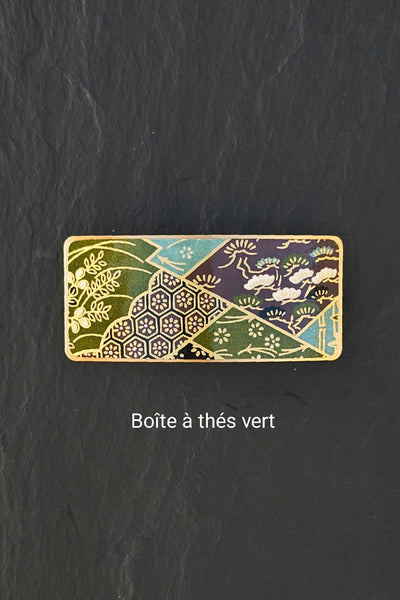Grande barrette à cheveux verte en métal doré à motifs japonais