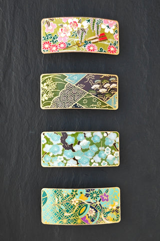 Grandes barrettes à cheveux vertes en métal doré à motifs japonais