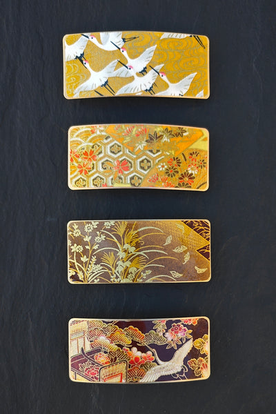 Grande barrette à cheveux jaune en métal doré et papier japonais