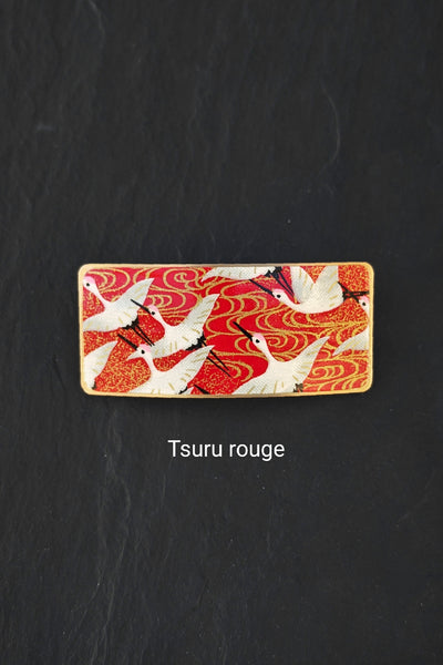Barette japonaise en papier washi motif Tsuru rouge