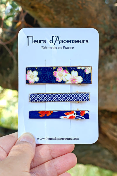 TRIO de petites pinces WASHI Sakura bleu