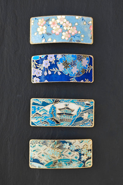 Barrettes à cheveux bleues en métal doré et motifs japonais