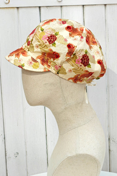 Casquette KAME Poissons rouges et fleurs écru