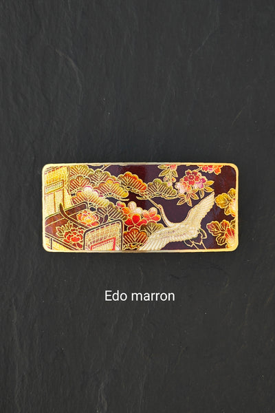 Grande barrette à cheveux marron en métal doré à motifs japonais de grue et fleurs 