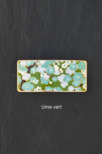 Grande barrette à cheveux verte en métal doré à motifs japonais de fleurs de prunier