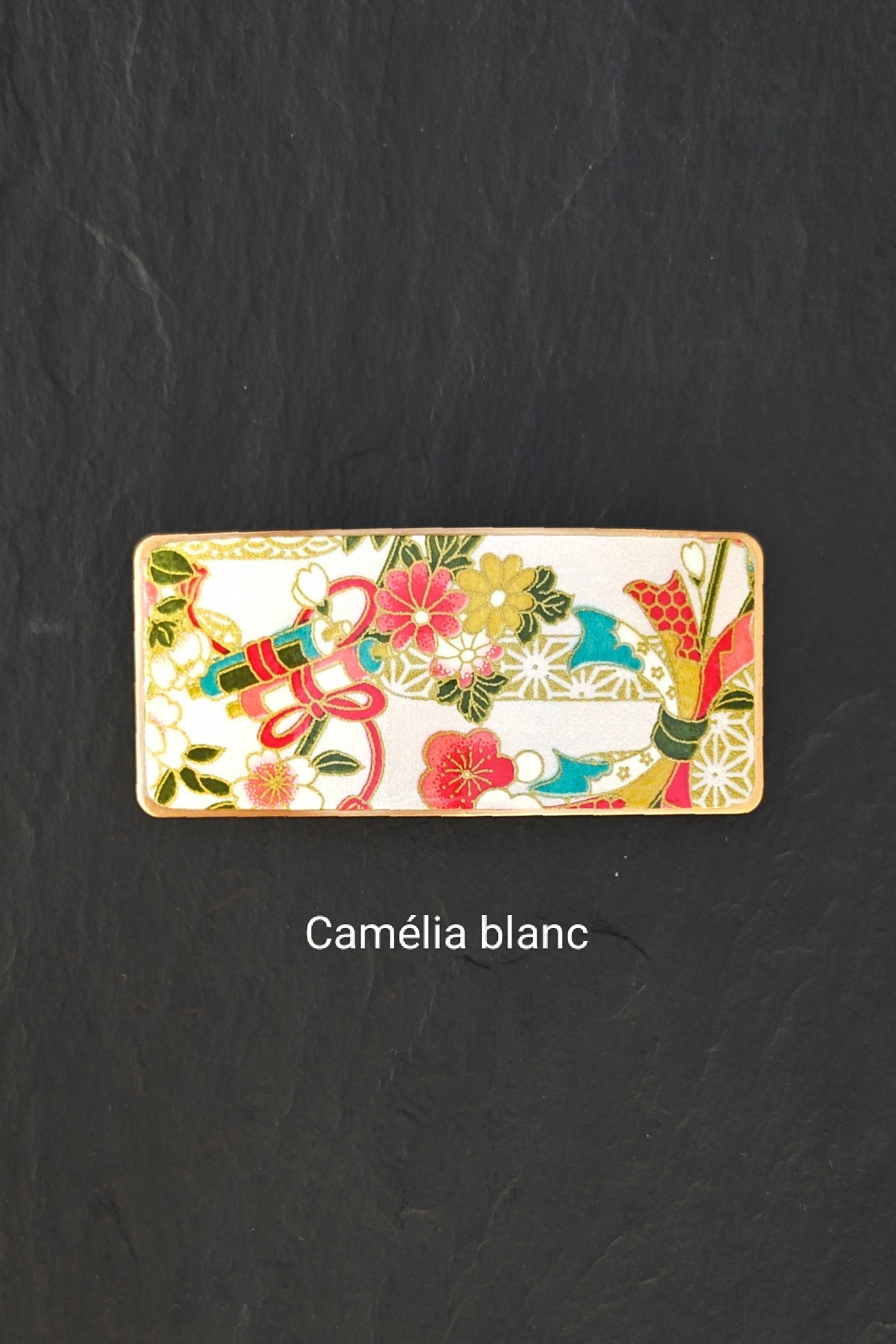 Barrette à cheveux blanche en métal doré et motifs japonais fleuris
