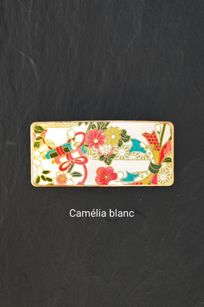 Barrette à cheveux blanche en métal doré et motifs japonais fleuris
