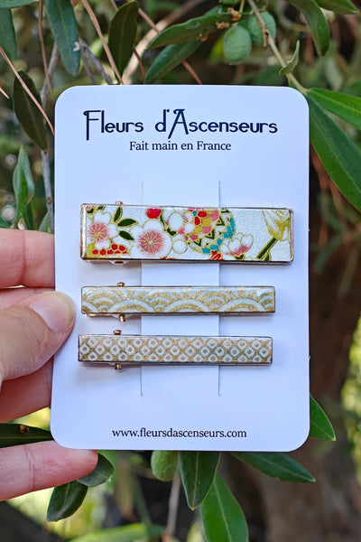 TRIO de petites pinces WASHI Camélia blanc