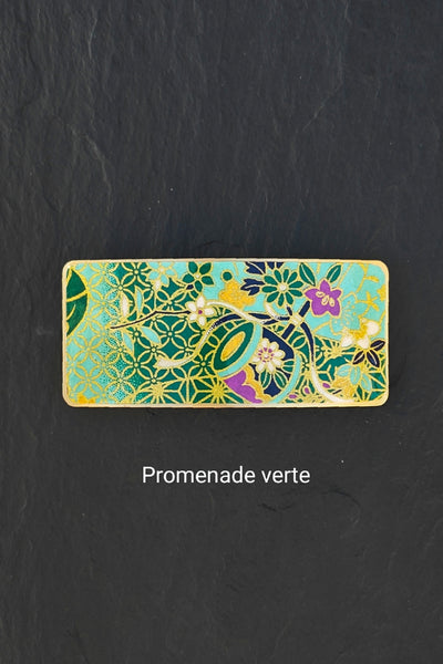 Grande barrette à cheveux verte en métal doré à motifs japonais