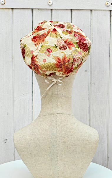 Casquette KAME Poissons rouges et fleurs écru
