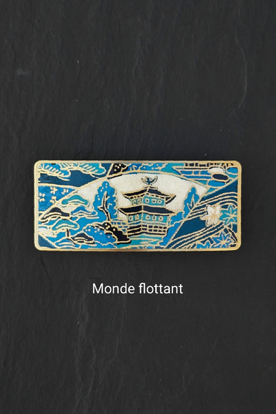 Barrette à cheveux bleue en métal doré et motifs japonais
