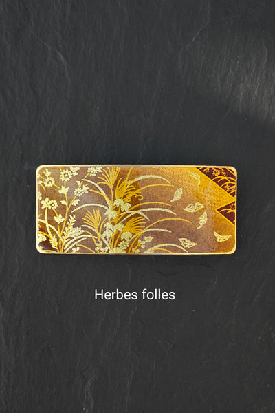 Grande barrette à cheveux jaune ocre et marron en métal doré à motifs japonais d'herbes sauvages
