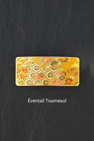 Grande barrette à cheveux jaune en métal doré à motifs japonais d'éventails et fleurs 