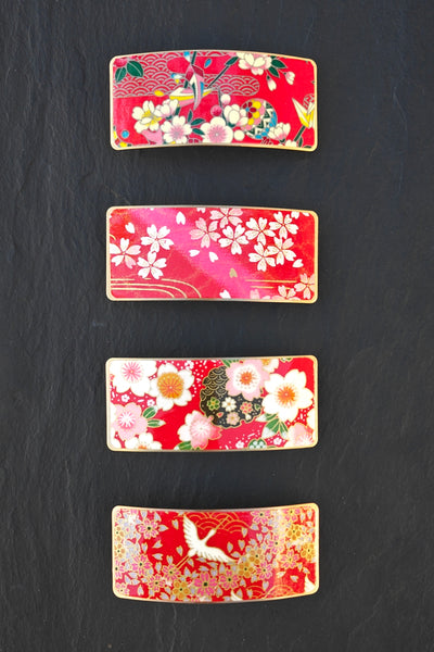 Barettes japonaises à motif de fleurs rouges en métal et papier washi