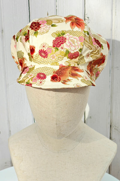 Casquette KAME Poissons rouges et fleurs écru